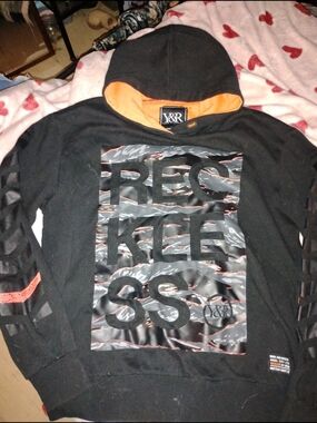 Young & Reckless Black Hoodie with Orange Hood Lining and Graphic Front